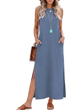 Women Dusty Blue Summer Maxi Long Dress Sleeveless Side Slit Casual With Pockets